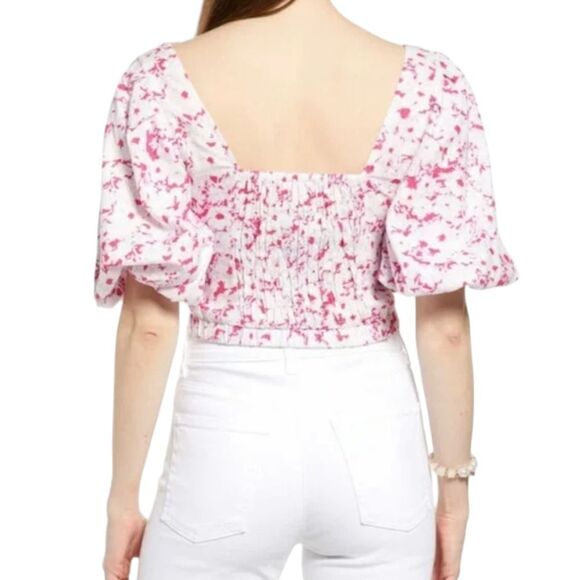 Open Edit Puff Sleeve Square Neck Floral Print Crop Top Linen blend - Picture 3 of 8